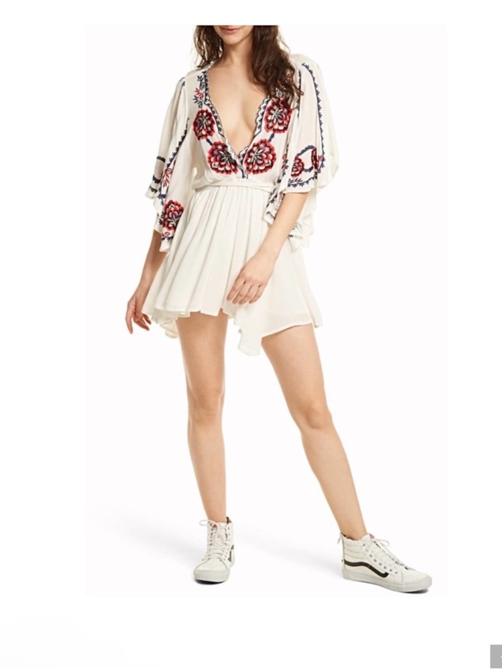 Free people Cora embroidered v neck floral boho asymmetrical mini dress size S